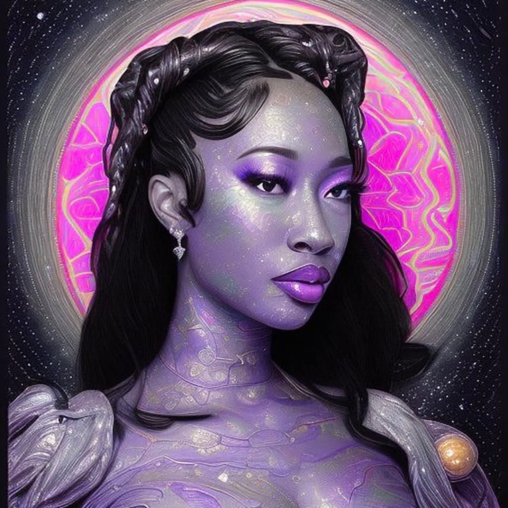 Highly stylized, digital art portrait of reality star Lucky Hustla with purple-toned skin and makeup, dark hair braided over her head, against a backdrop of a glowing pink celestial ring.