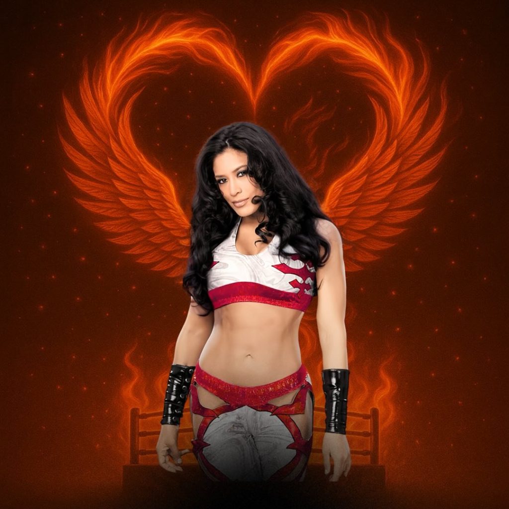 Professional wrestler Melina (Melina Perez) poses in a red and white crop top wrestling outfit with black arm sleeves, standing in front of an orange, glowing heart-shaped wing graphic with a boxing ring visible below.