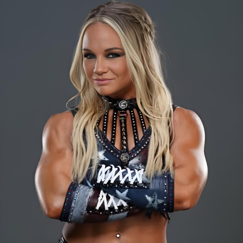 Professional wrestler Ivy Nile poses with her arms crossed, wearing a red, white, and blue tactical-style top with lace-up detail and large shoulder cutouts, featuring braided blonde hair and dark eye makeup.
