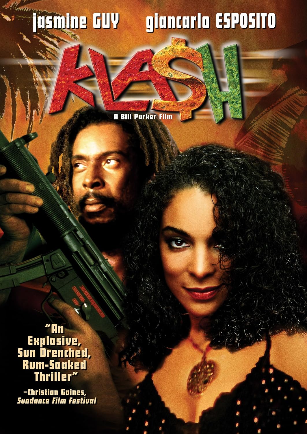 Movie poster for Kla$h featuring actress Jasmine Guy with curly black hair in the foreground, actor Giancarlo Esposito holding a rifle behind her, and stylized text reading Kla$h