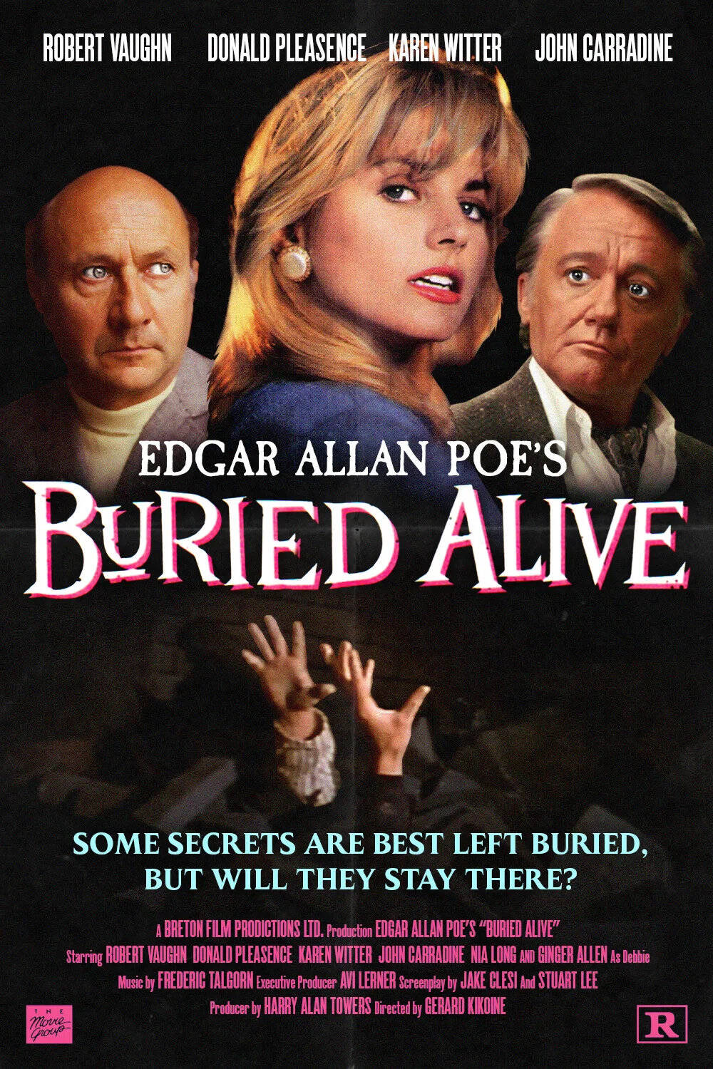 Movie poster for Edgar Allan Poe's Buried Alive featuring Karen Witter centered between Donald Pleasence and Robert Vaughn, with hands reaching up from below and bold title typography.
