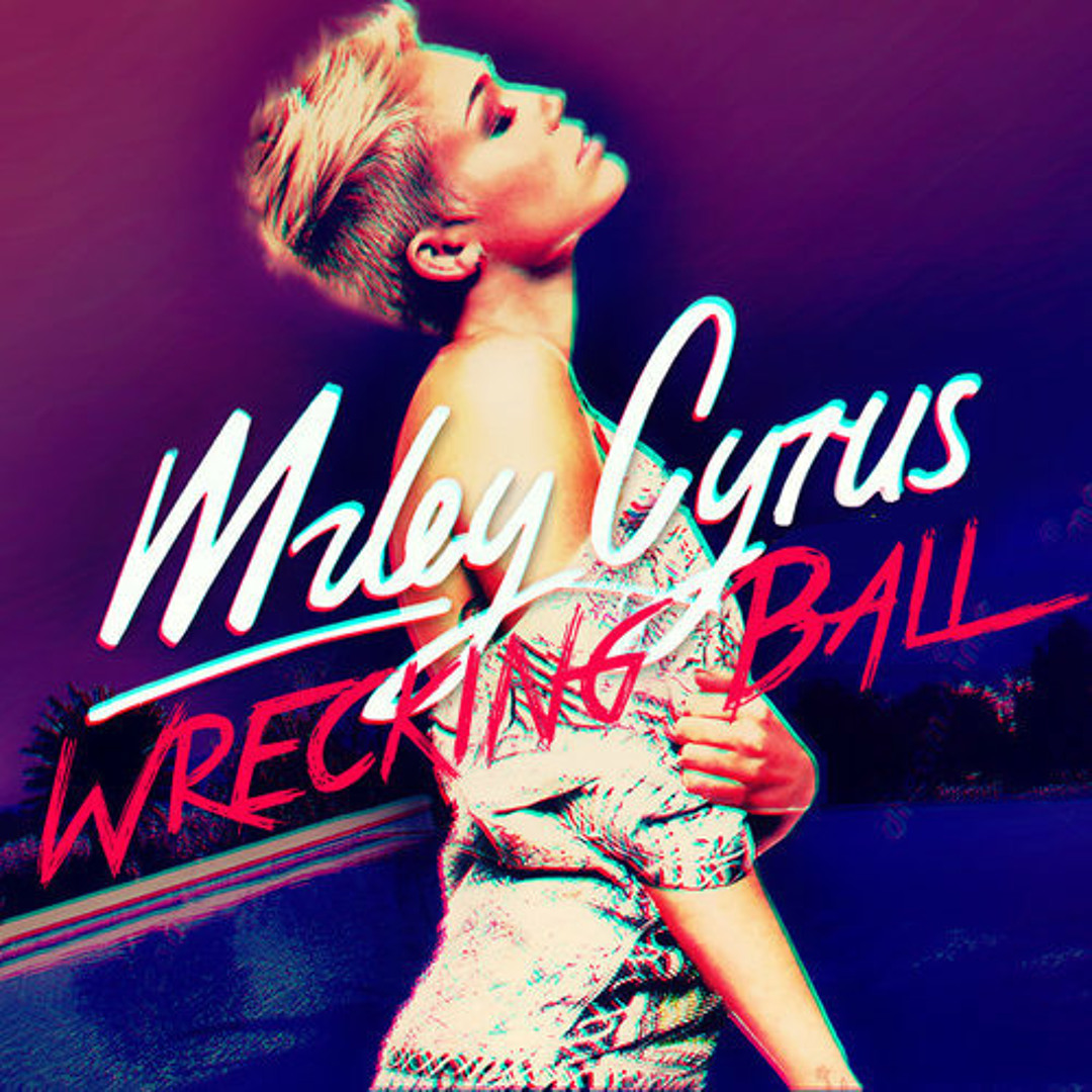 Single cover art for Miley Cyrus Wrecking Ball featuring her looking upward with short blonde hair against a pink and purple neon background with stylized signature typography.