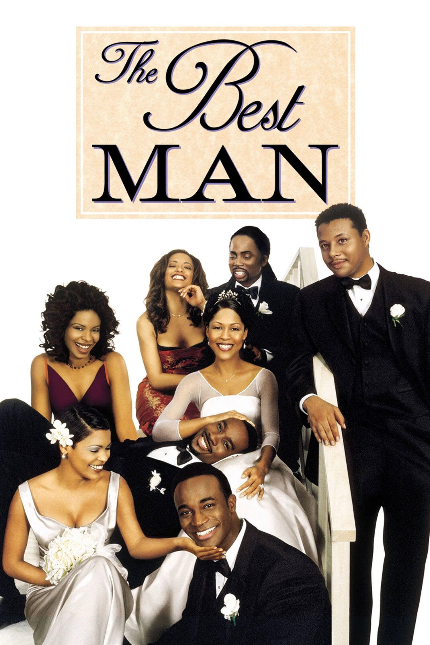 Movie poster for The Best Man (1999) featuring ensemble cast members Taye Diggs, Nia Long, Morris Chestnut, Harold Perrineau, Terrence Howard, Sanaa Lathan, Monica Calhoun, and Melissa De Sousa in formal wedding attire.